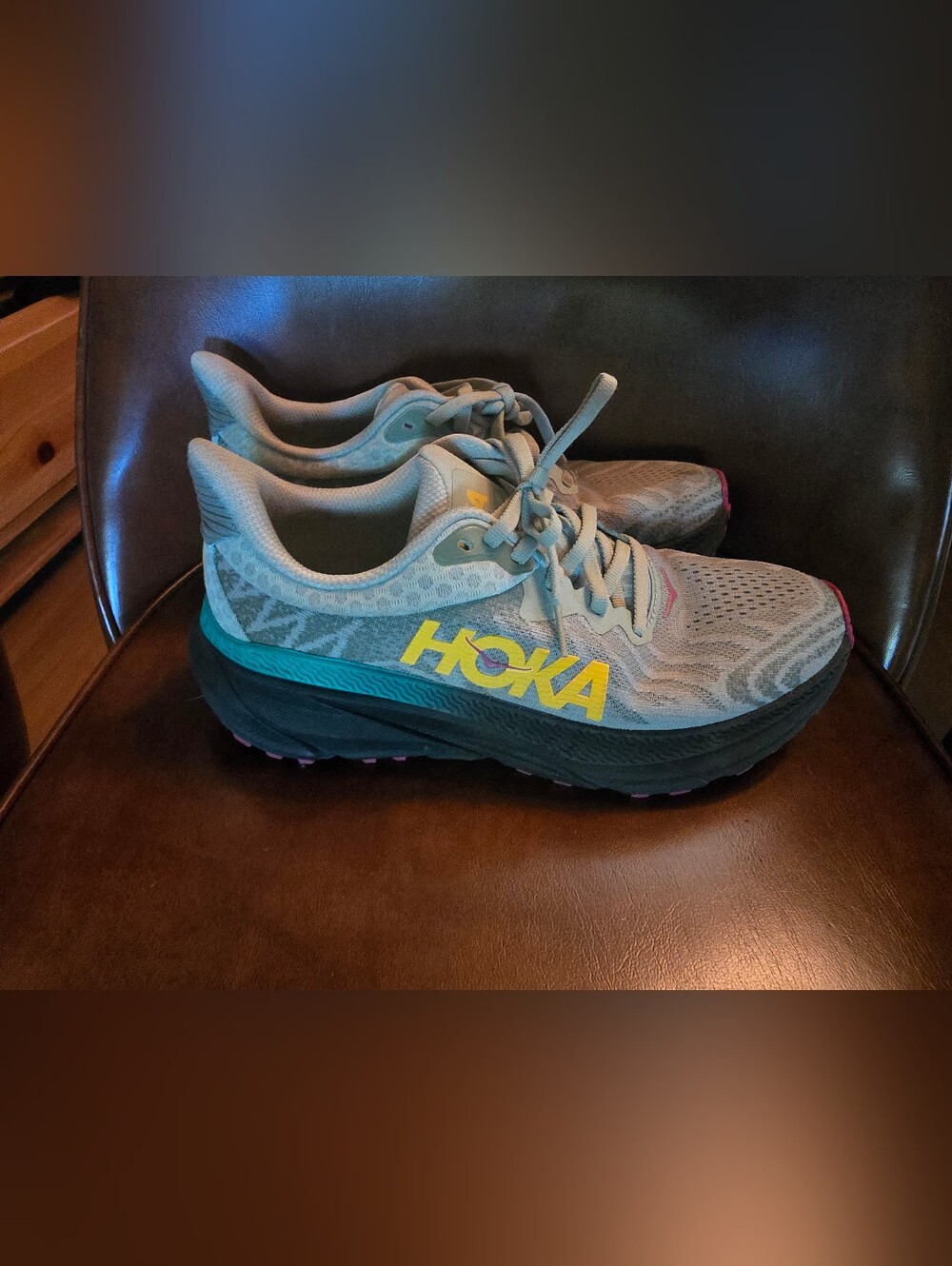 Hoka Women's Athletic Shoes in Light Gray with Teal and Yellow Accents